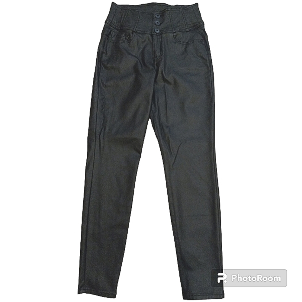 Women Junior 13 Jeans Faux Leather High Raise Fitted Stretchy Black Skinny Boho